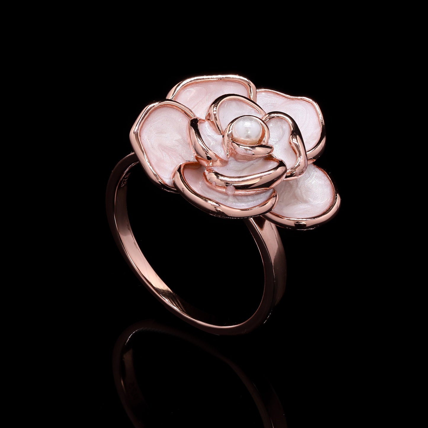 Ultra Premium Rose Gold Finish Mother Of Pearl Intricate Floral Ring on Pure 925 Silver