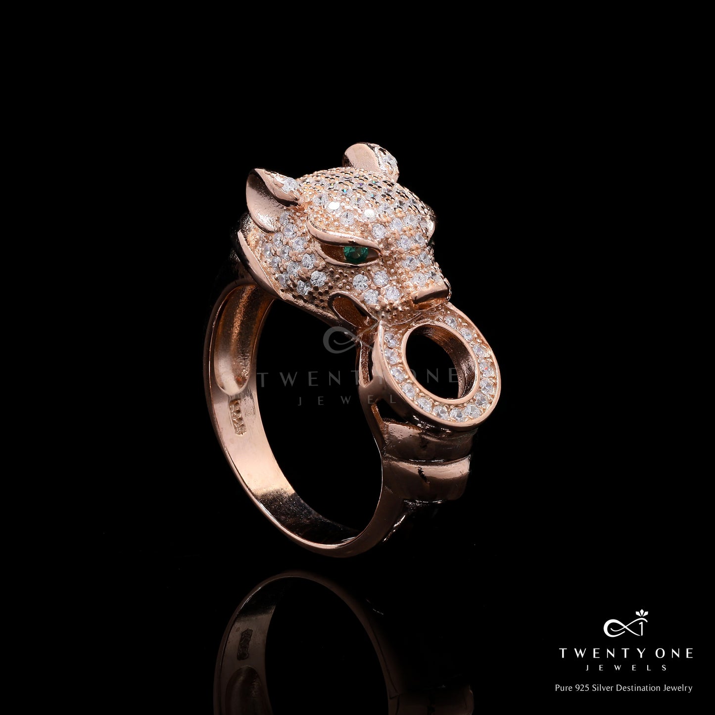 Ultra Premium Rose Gold Micro Setting Diamond Panther Duress Ring on Pure 925 Silver with Green Emerald Eye Detailing