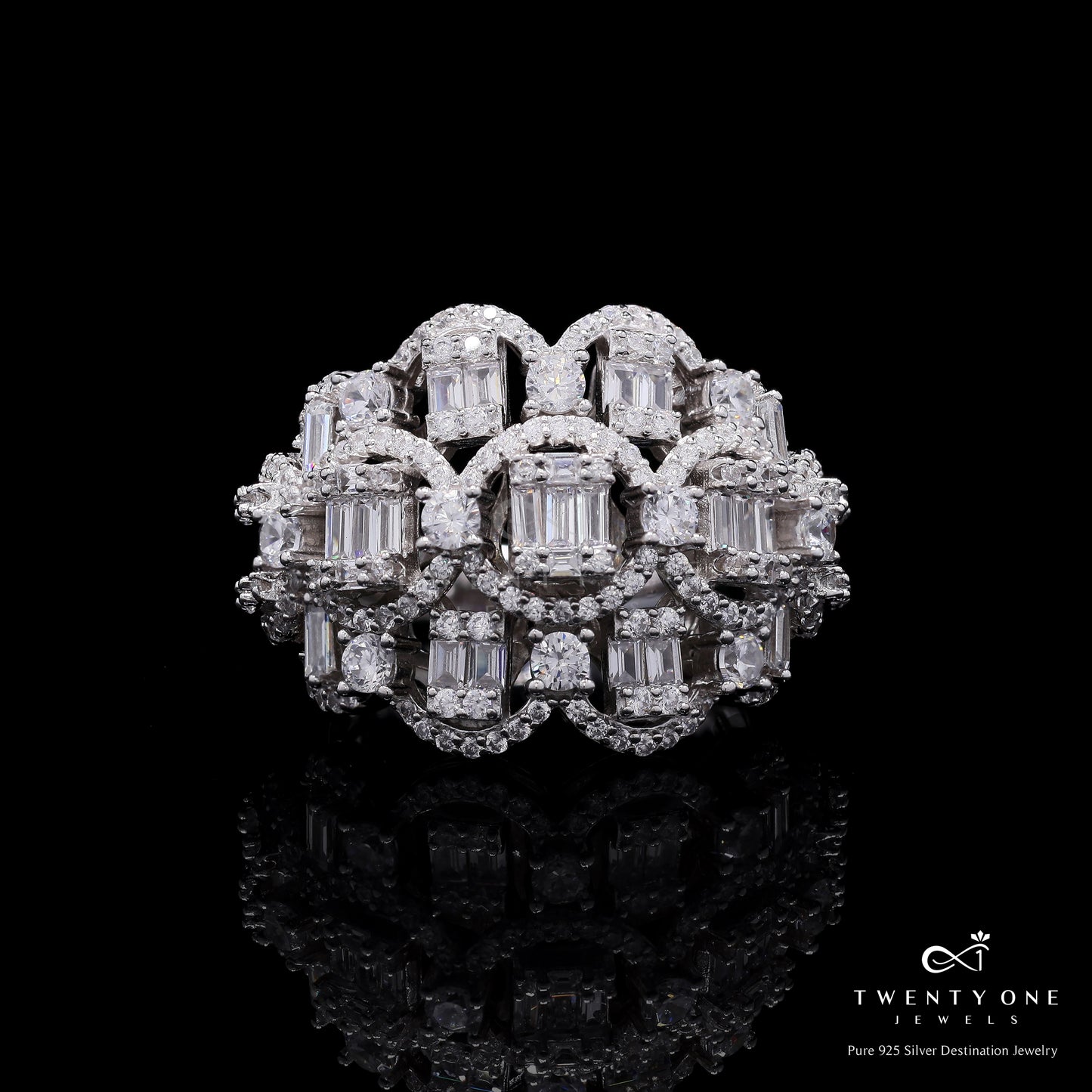Premium Chunky Hayley Cocktail Ring with American Diamond Baguette Clusters on Pure 925 Silver