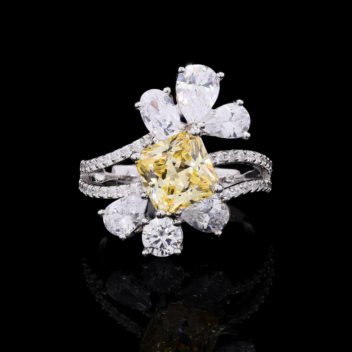 Ultra Premium Yellow Diamond Princess Cut Solitaire Cocktail Ring with Drop Solitaires on Pure 925 Silver