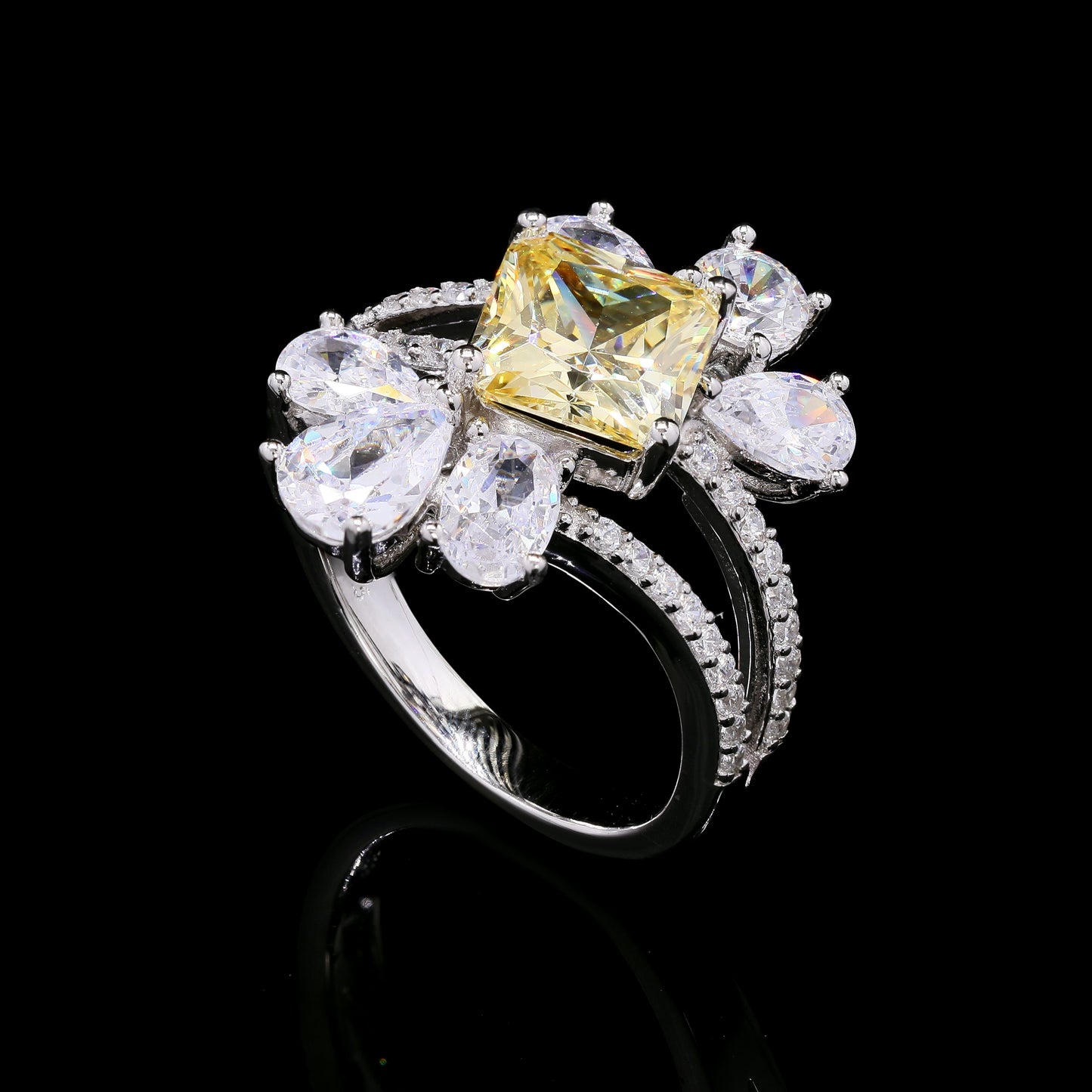 Ultra Premium Yellow Diamond Princess Cut Solitaire Cocktail Ring with Drop Solitaires on Pure 925 Silver