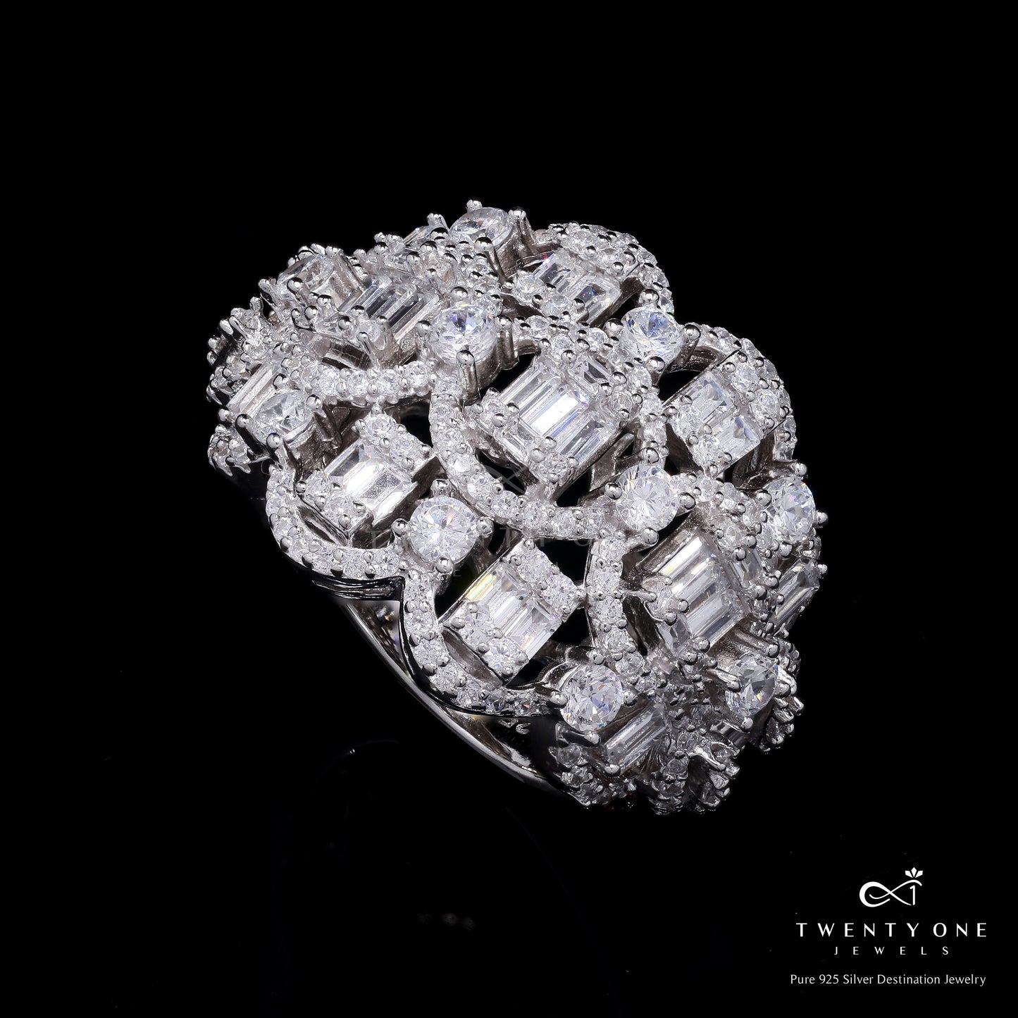 Premium Chunky Hayley Cocktail Ring with American Diamond Baguette Clusters on Pure 925 Silver