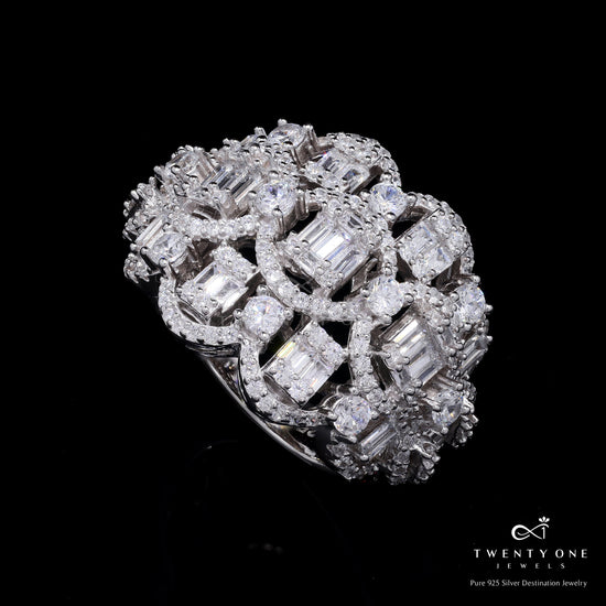 Premium Chunky Hayley Cocktail Ring with American Diamond Baguette Clusters on Pure 925 Silver