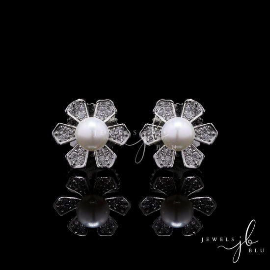 Fresh Water Pearl and American Diamond Petite Floral Studs