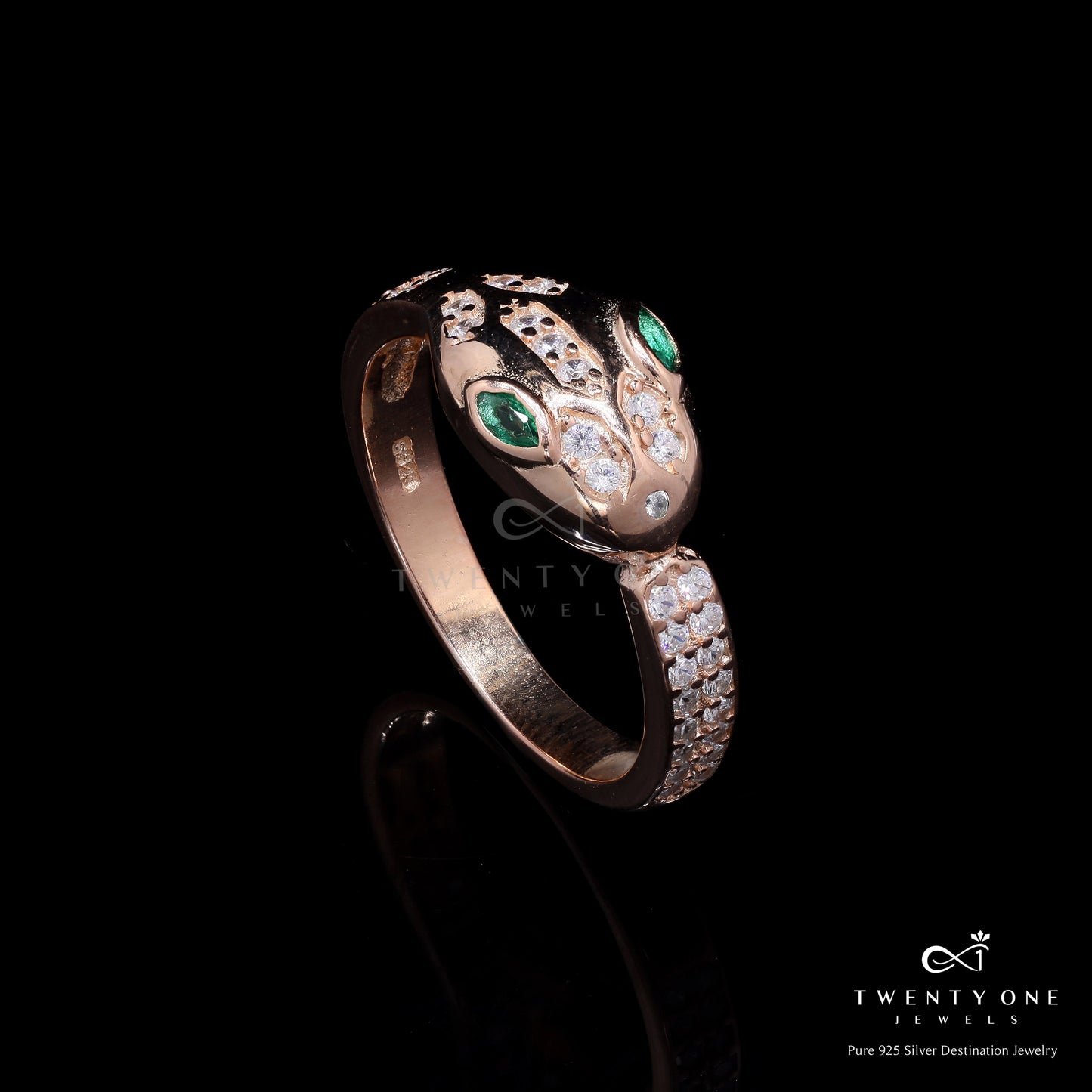 Ultra Premium Rose Gold Finish Cobra Ring with Green Emerald Eye Detailing on Pure 925 Silver