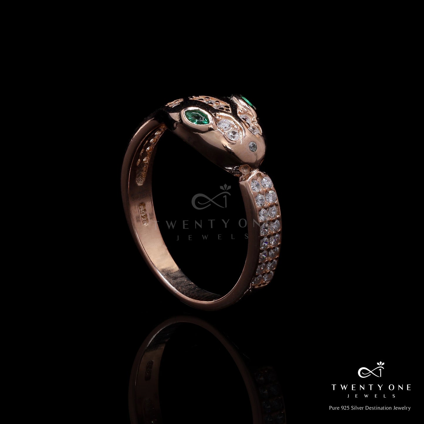 Ultra Premium Rose Gold Finish Cobra Ring with Green Emerald Eye Detailing on Pure 925 Silver