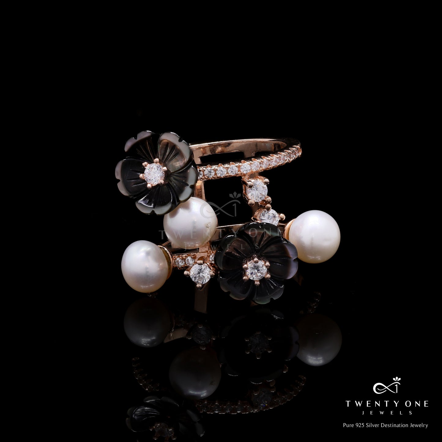 Rose Gold Finish Art Deco Acrylic Handwork Bonita Ring on Pure 925 Silver