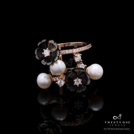 Rose Gold Finish Art Deco Acrylic Handwork Bonita Ring on Pure 925 Silver