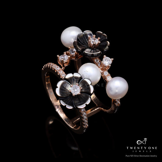 Rose Gold Finish Art Deco Acrylic Handwork Bonita Ring on Pure 925 Silver