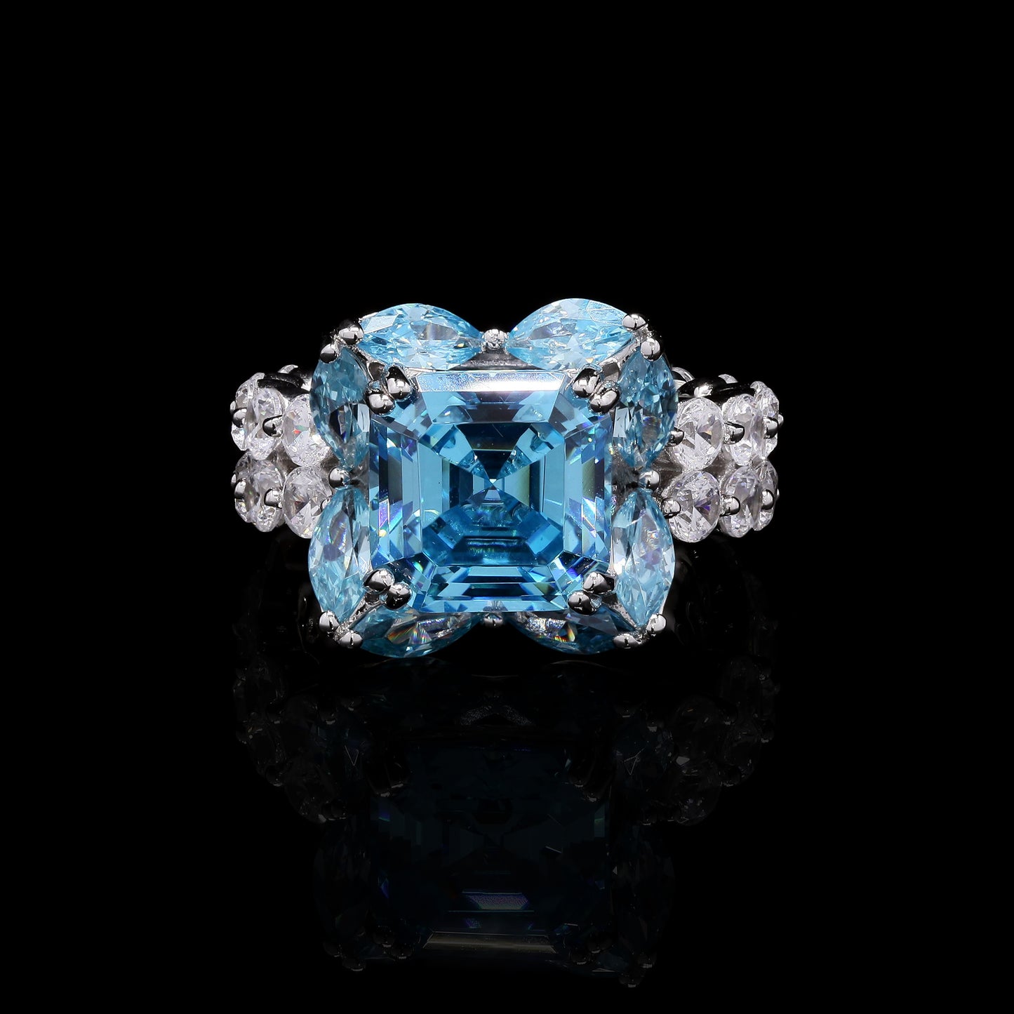 Ultra Premium Radiant Cut Aquamarine Solitaire Ring with Marquises and Round Cut Diamonds on Pure 925 Silver
