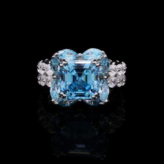 Ultra Premium Radiant Cut Aquamarine Solitaire Ring with Marquises and Round Cut Diamonds on Pure 925 Silver