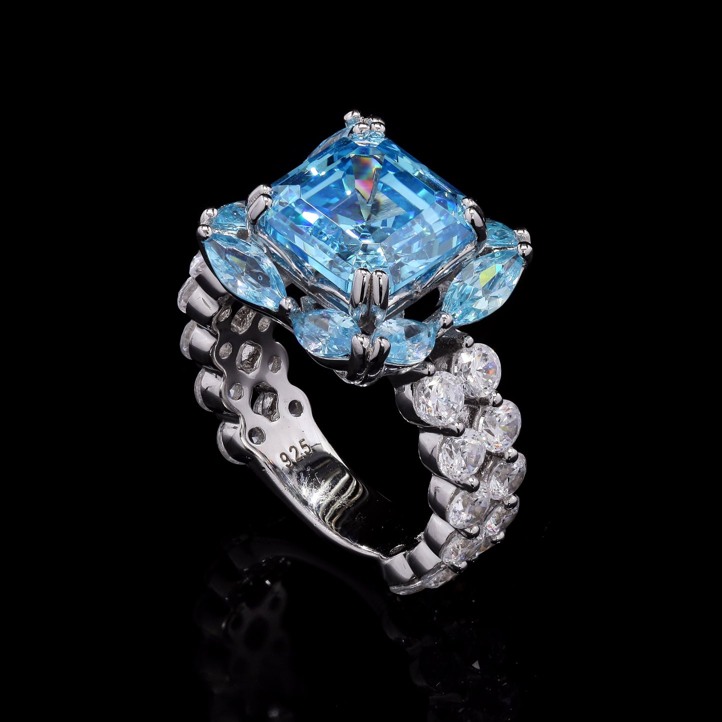 Ultra Premium Radiant Cut Aquamarine Solitaire Ring with Marquises and Round Cut Diamonds on Pure 925 Silver