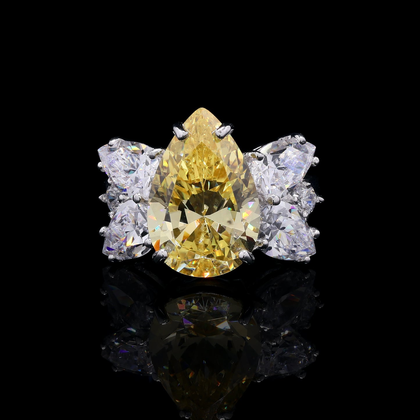 Ultra Premium 6 Carat Yellow Diamond Drop Solitaire Cocktail Bento Ring on Pure 925 Silver