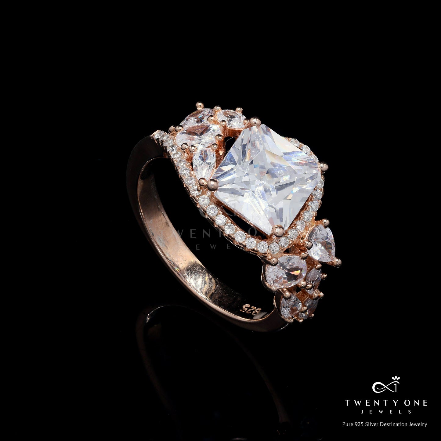 Premium Handcrafted Rose Gold 3 Carat Princess Cut Diamond Natasa Ring on Pure 925 Silver