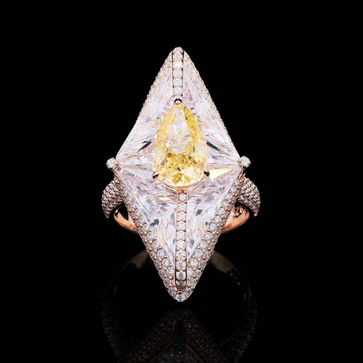 Ultra Premium Rose Gold Finish Marytime Cocktail Ring with Yellow Diamond Drop Solitaire on Pure 925 Silver