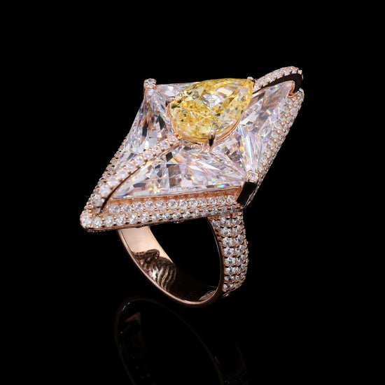Ultra Premium Rose Gold Finish Marytime Cocktail Ring with Yellow Diamond Drop Solitaire on Pure 925 Silver
