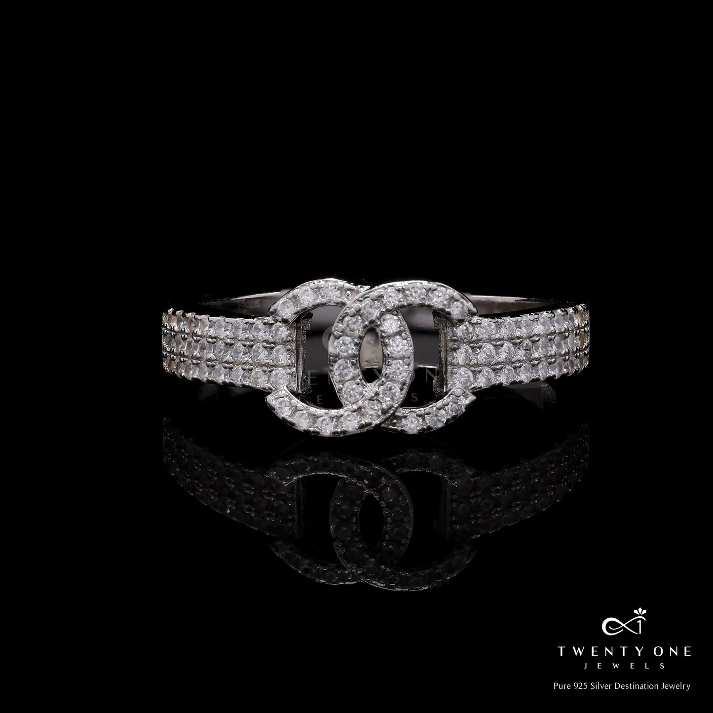 Luxury Brand Inspired American Diamond Studded InterLink Ring On Pure 925 Silver.