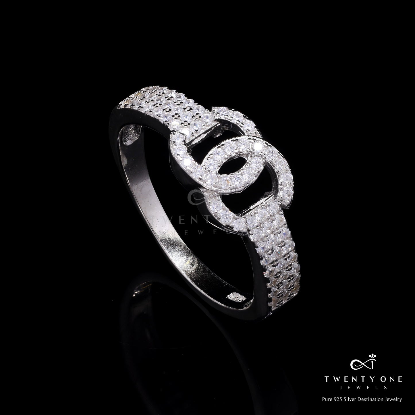 Luxury Brand Inspired American Diamond Studded InterLink Ring On Pure 925 Silver.