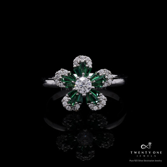 Green Emerald Baguette Nina Floral Ring with American Diamonds on Pure 925 Silver
