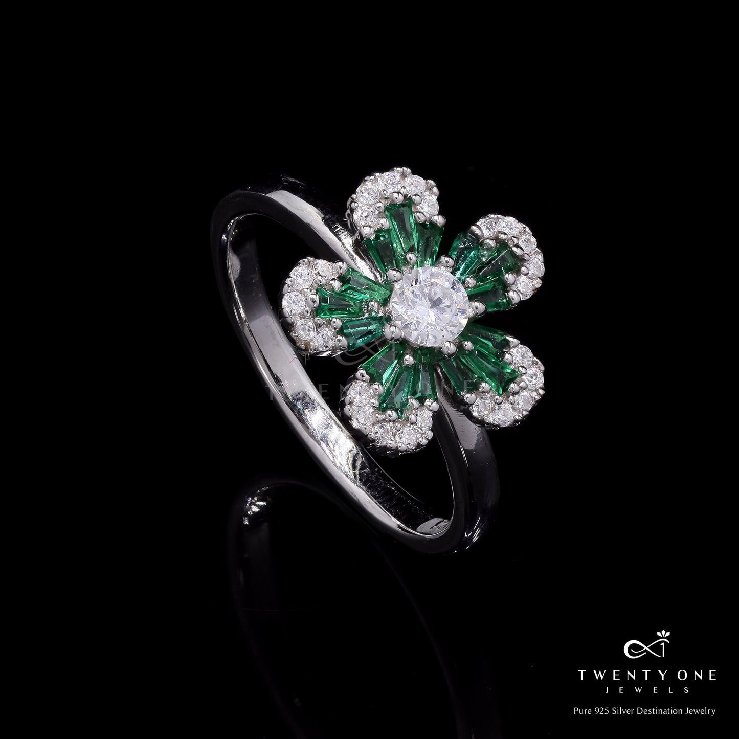 Green Emerald Baguette Nina Floral Ring with American Diamonds on Pure 925 Silver