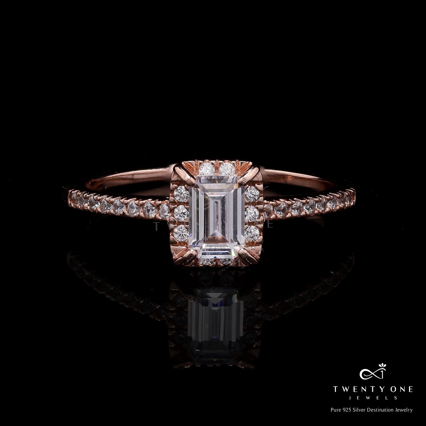 Rose Gold Finish 1 Carat Emerald Cut Diamond Aliana Ring on Pure 925 Silver