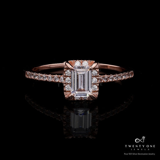 Rose Gold Finish 1 Carat Emerald Cut Diamond Aliana Ring on Pure 925 Silver