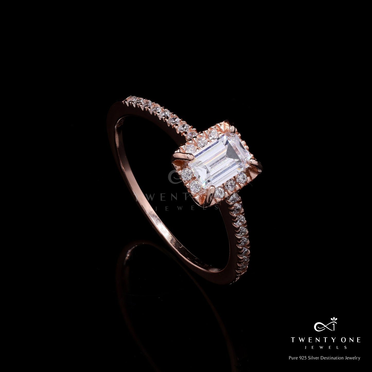 Rose Gold Finish 1 Carat Emerald Cut Diamond Aliana Ring on Pure 925 Silver
