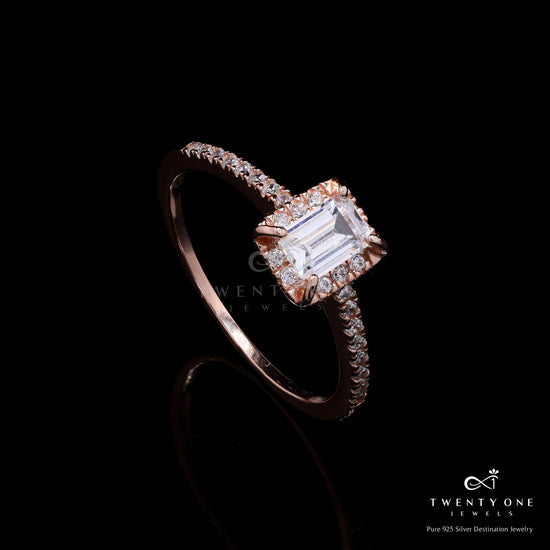 Rose Gold Finish 1 Carat Emerald Cut Diamond Aliana Ring on Pure 925 Silver