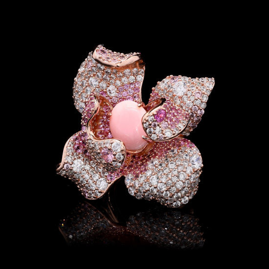 Ultra Premium Pink Conch Pearl Statement Cocktail Ring with Micro Setting American Diamonds on Pure 925 Silver