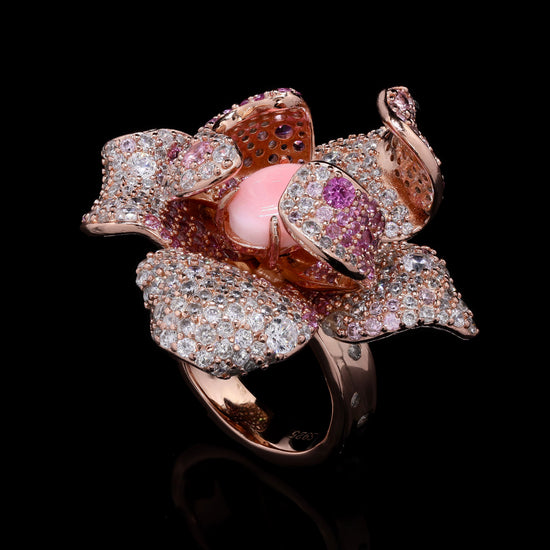 Ultra Premium Pink Conch Pearl Statement Cocktail Ring with Micro Setting American Diamonds on Pure 925 Silver
