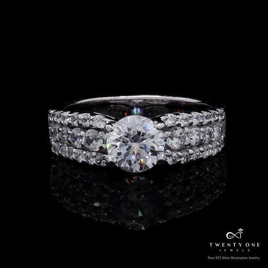 1.5 Carat Solitaire Lauren Ring with Chunky 3 Line Band On Pure 925 Silver