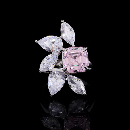 Ultra Premium Pink Ascher Cut Solitaire Ring with Drop and Marquise Solitaires on Pure 925 Silver