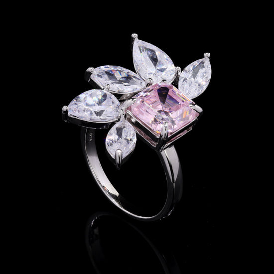 Ultra Premium Pink Ascher Cut Solitaire Ring with Drop and Marquise Solitaires on Pure 925 Silver