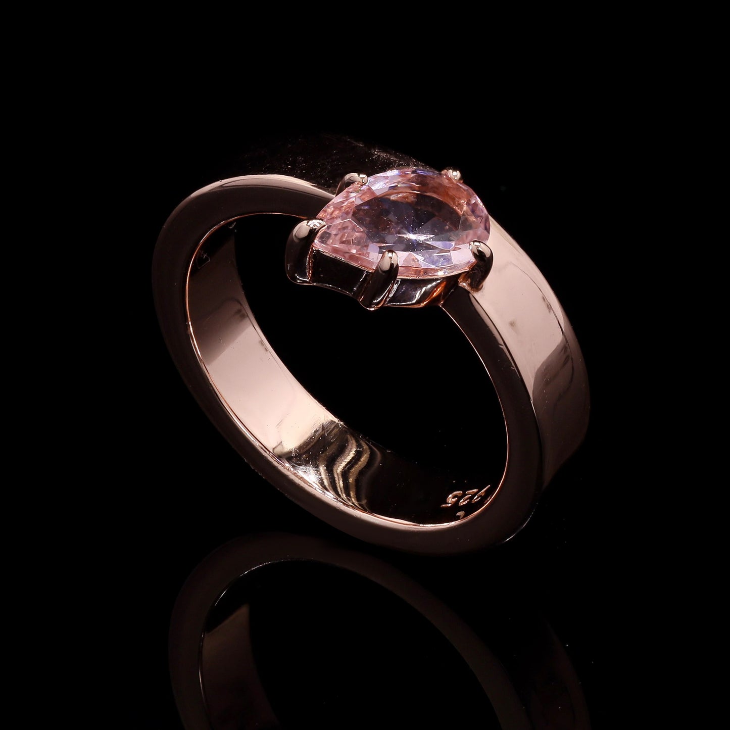 Premium Rose Gold Finish Pink Drop Solitaire Band Ring on Pure 925 Silver