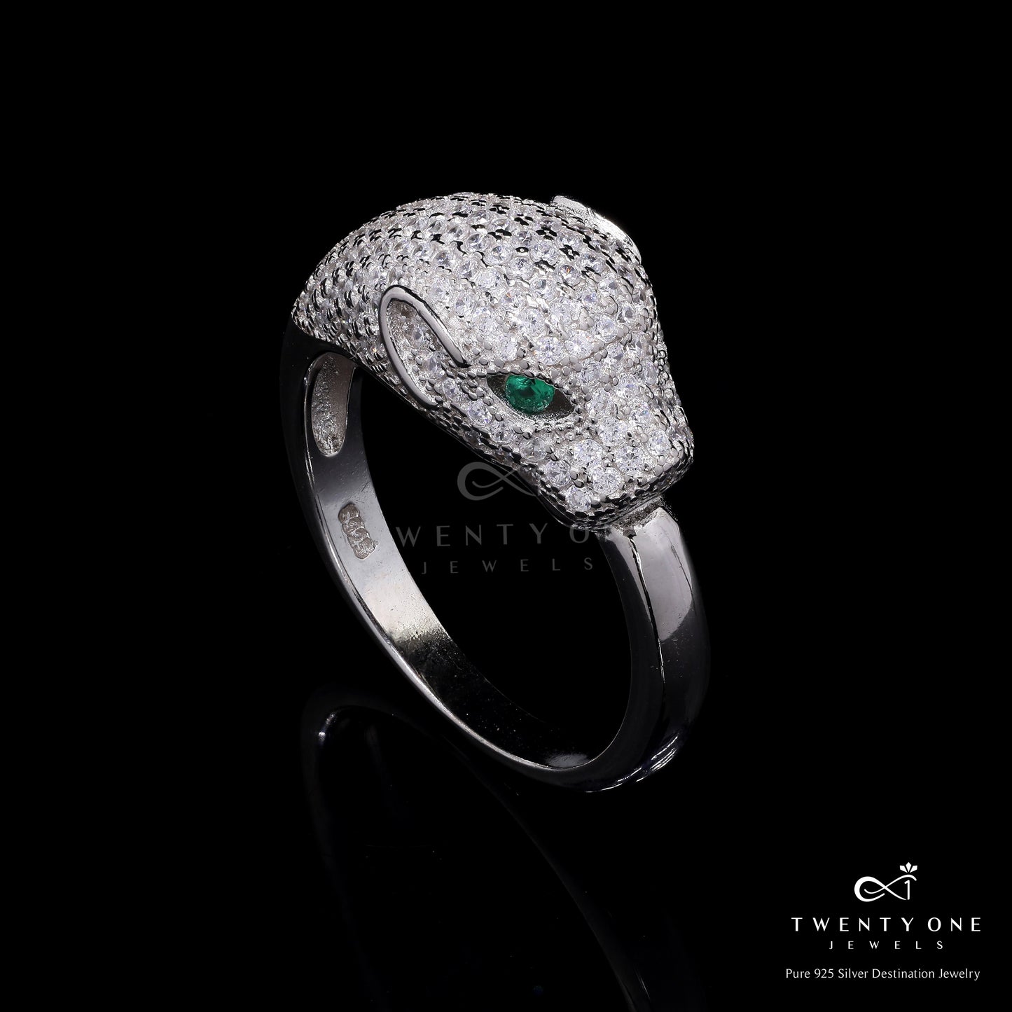 Premium Micro Setting Diamond Viper Ring with Green Emerald Eye Detailing on Pure 925 Silver