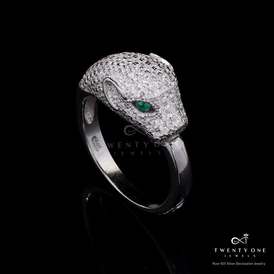 Premium Micro Setting Diamond Viper Ring with Green Emerald Eye Detailing on Pure 925 Silver