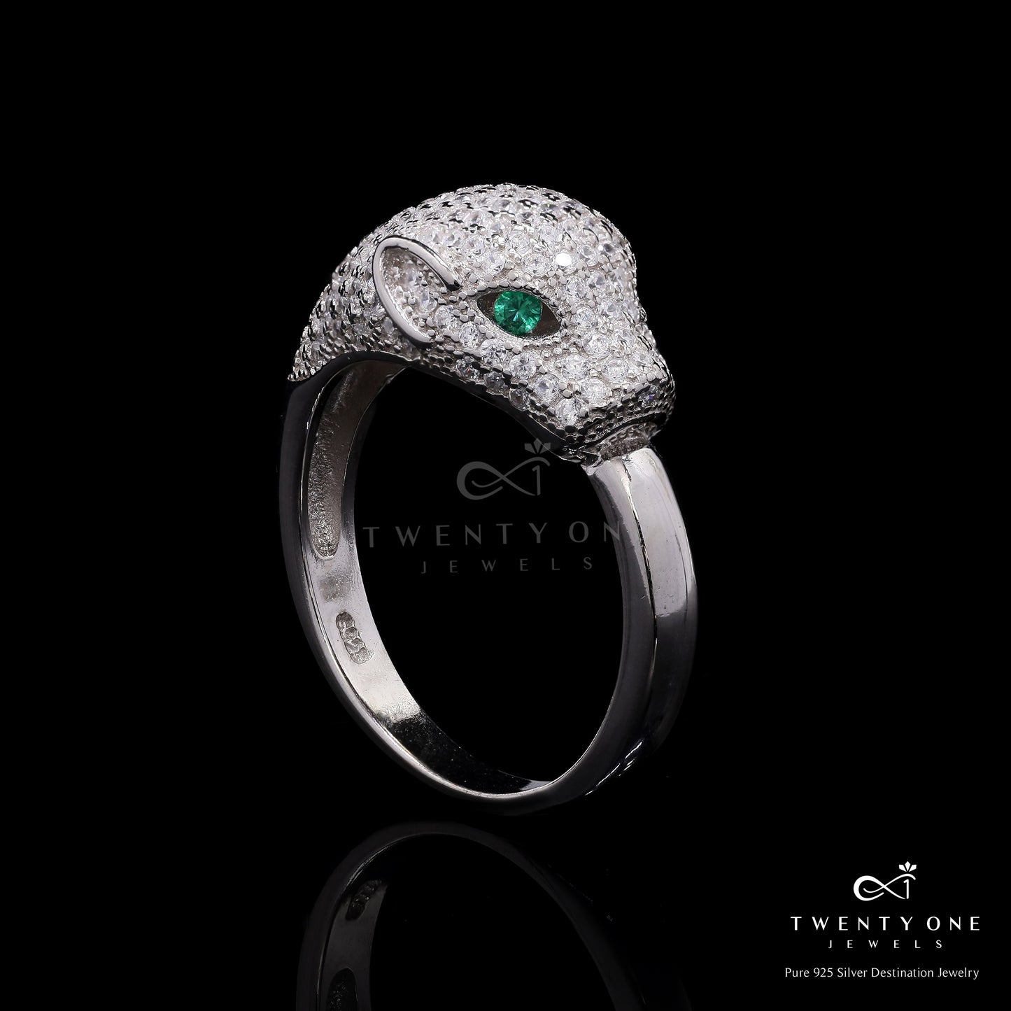 Premium Micro Setting Diamond Viper Ring with Green Emerald Eye Detailing on Pure 925 Silver