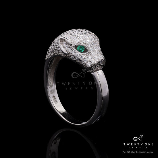 Premium Micro Setting Diamond Viper Ring with Green Emerald Eye Detailing on Pure 925 Silver