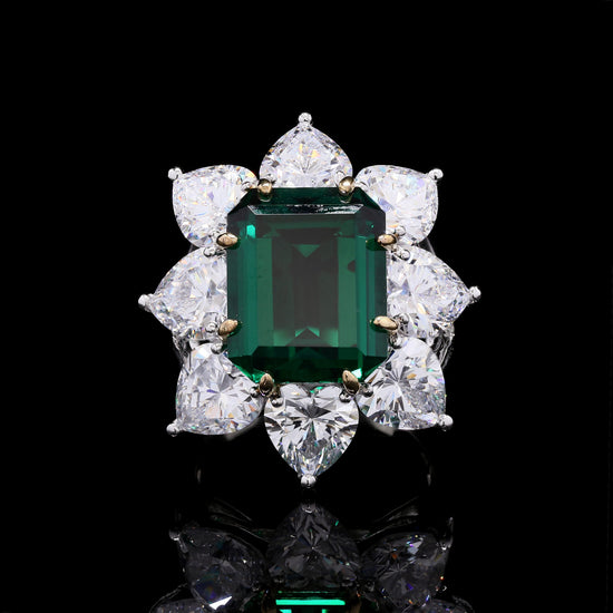 Ultra Premium 5.5 Carat Hydro Emerald and Heart Solitaire Florencia Cocktail Ring on Pure 925 Silver