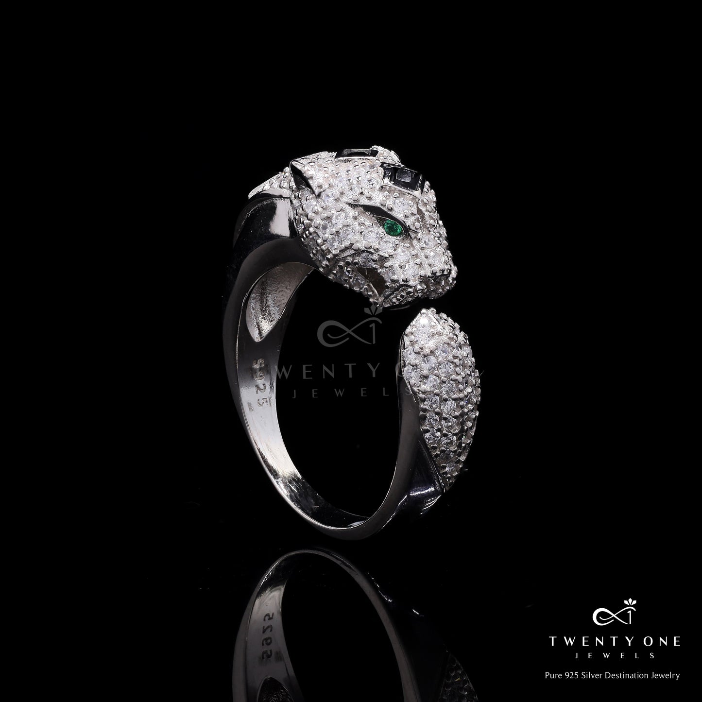 Ultra Premium American Diamond Micro Setting Leo Panther Ring with Eye and Crown Detailing on Pure 925 Silver