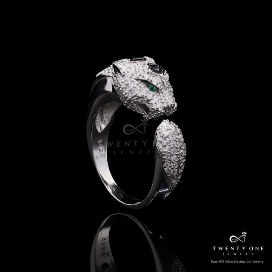 Ultra Premium American Diamond Micro Setting Leo Panther Ring with Eye and Crown Detailing on Pure 925 Silver