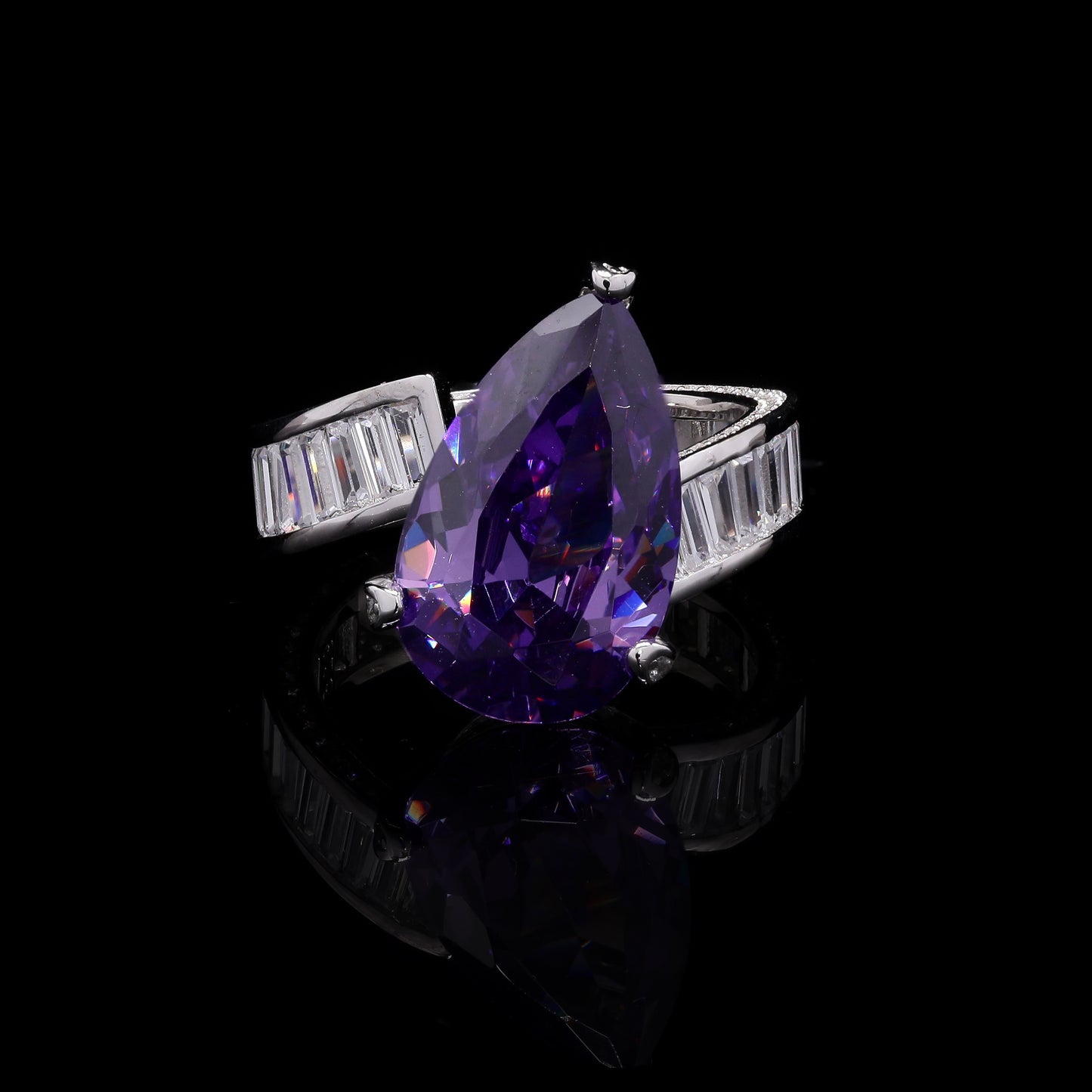Ultra Premium 1.25 Carat Drop Amethyst Signature Ring with American Diamond Baguettes on Pure 925 Silver