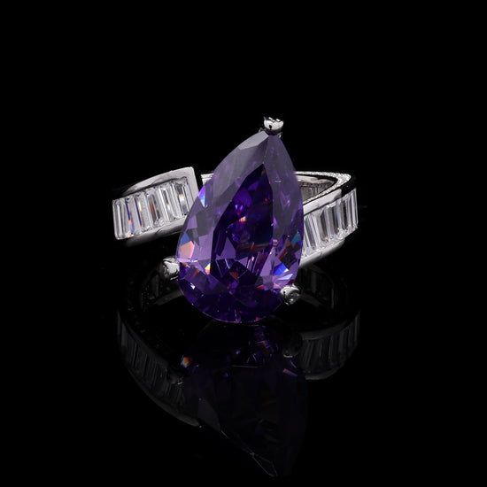 Ultra Premium 1.25 Carat Drop Amethyst Signature Ring with American Diamond Baguettes on Pure 925 Silver