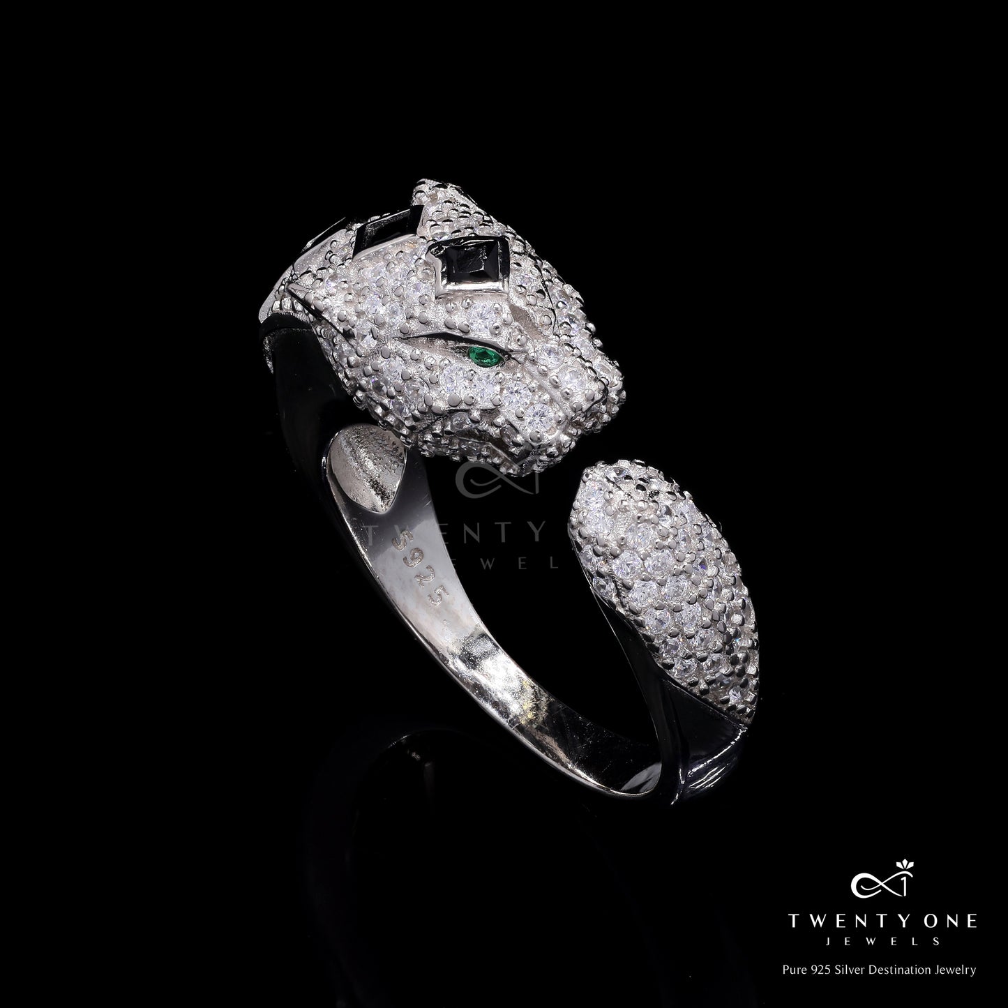 Ultra Premium American Diamond Micro Setting Leo Panther Ring with Eye and Crown Detailing on Pure 925 Silver