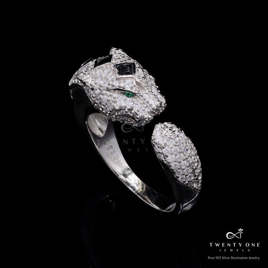 Ultra Premium American Diamond Micro Setting Leo Panther Ring with Eye and Crown Detailing on Pure 925 Silver