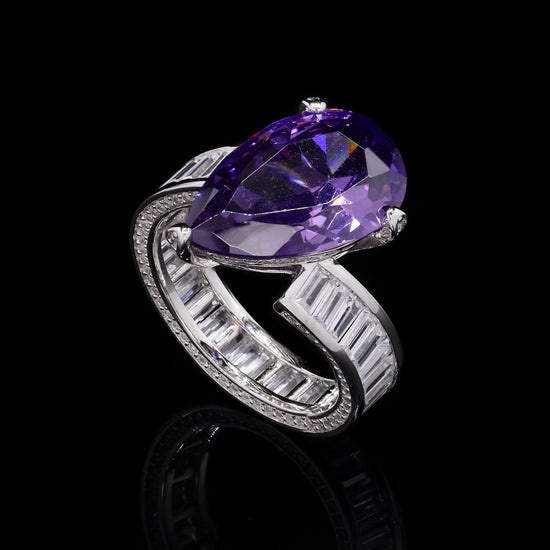 Ultra Premium 1.25 Carat Drop Amethyst Signature Ring with American Diamond Baguettes on Pure 925 Silver
