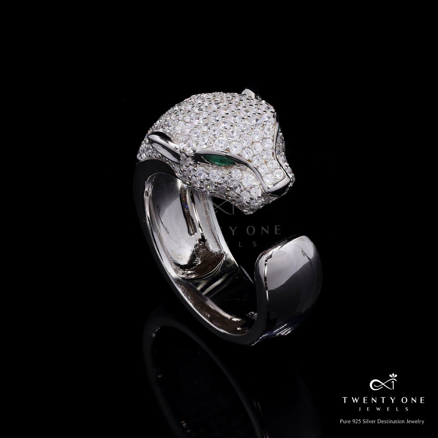 Ultra Premium Micro Setting Sly Panther Ring with Green Emerald Eye Detailing on Pure 925 Silver