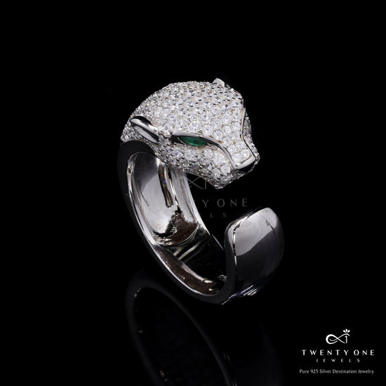 Ultra Premium Micro Setting Sly Panther Ring with Green Emerald Eye Detailing on Pure 925 Silver
