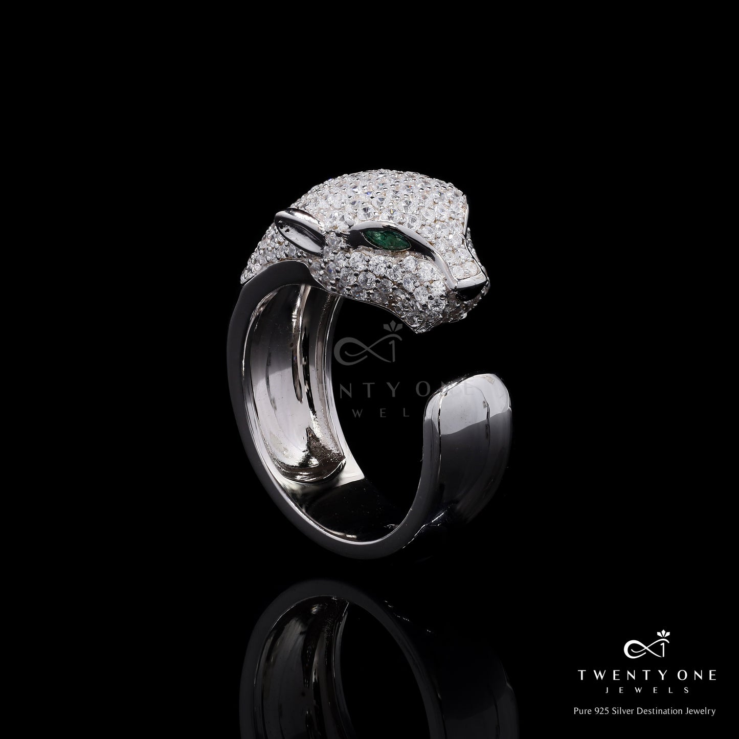 Ultra Premium Micro Setting Sly Panther Ring with Green Emerald Eye Detailing on Pure 925 Silver