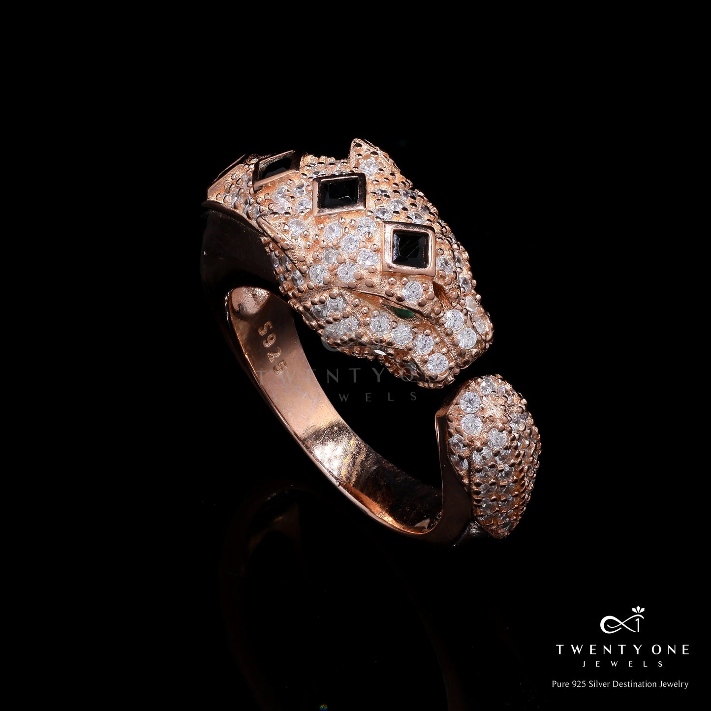 Luxury Brand Inspired Premium Micro Setting Panther Orion Ring in Rose Gold Finish on Pure 925 Silver